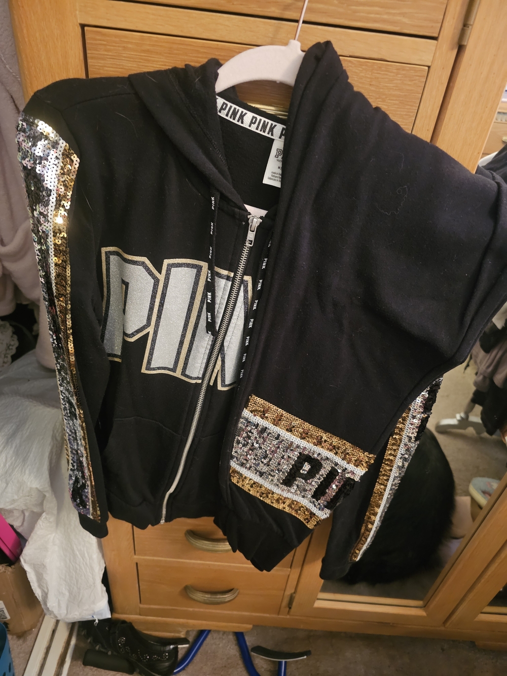 PINK Victoria's Secret Black Hoodie And Pants with Gold & Silver Sequin Trim